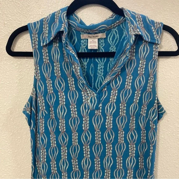Free People Midi Dress Blue Patterned Sleeveless Rayon Collared Size M - Picture 3 of 11